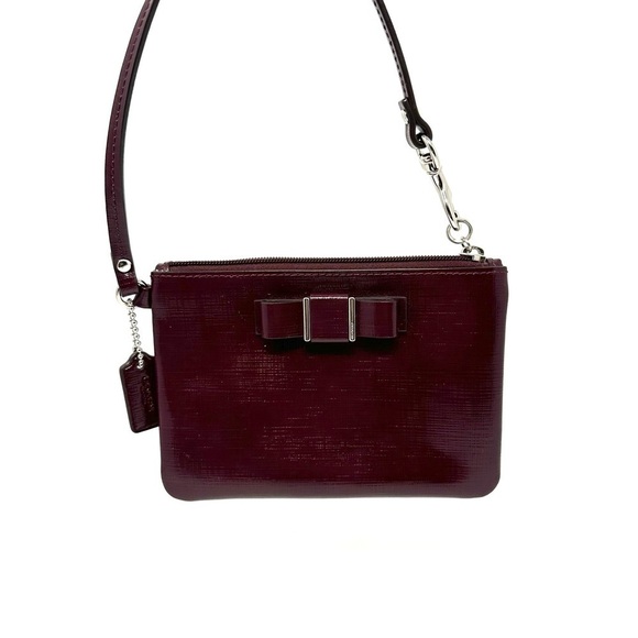 Coach Burgundy Patent Leather Wristlet – Bow Detail, Small Shoulder Bag - Picture 1 of 7